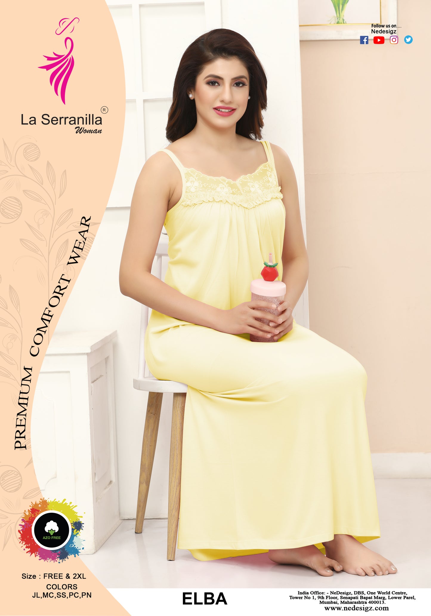 La Serranilla® Women's Azo-Free Cotton Hosiery Nighty/Gown/Maxi with Exquisite Custom-Made Lace Trim - Comfortable and Elegant Indoor/Honeymoon Nightwear. ELBA-NeDesigz.com